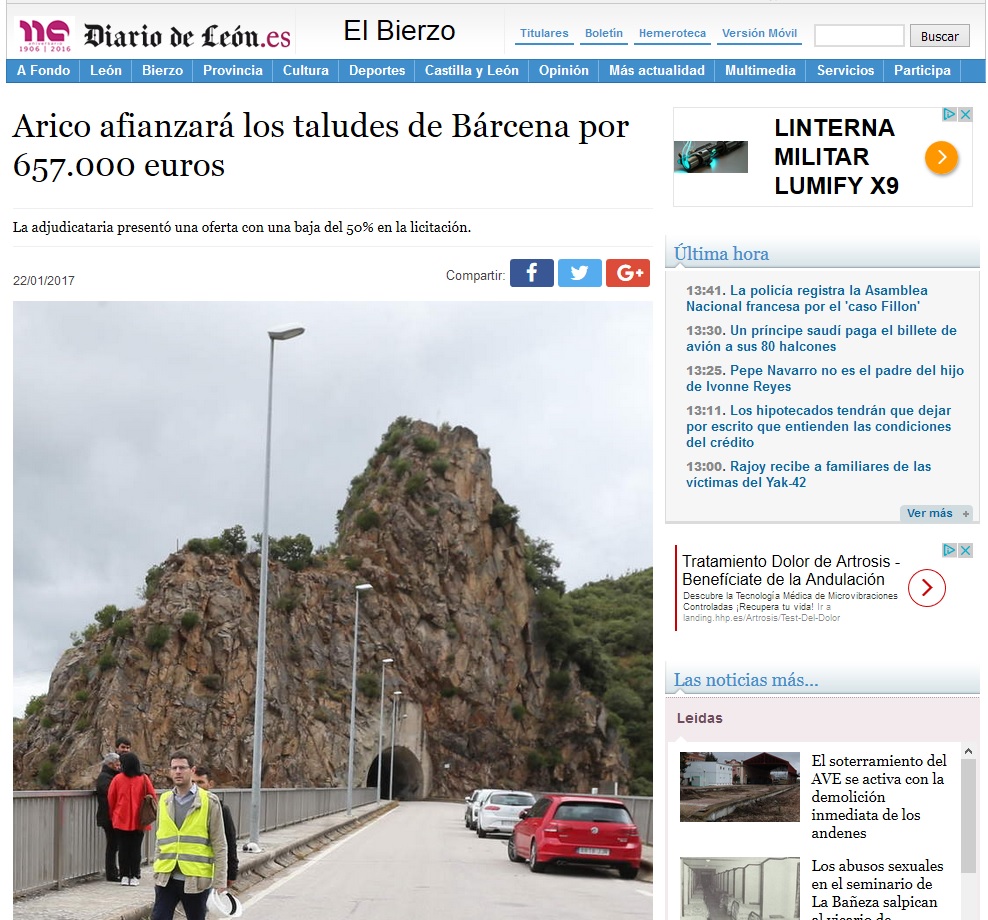 Adjudicació dels treballs d'estabilització del talús de l'estrep det de la presa de Bárcenas